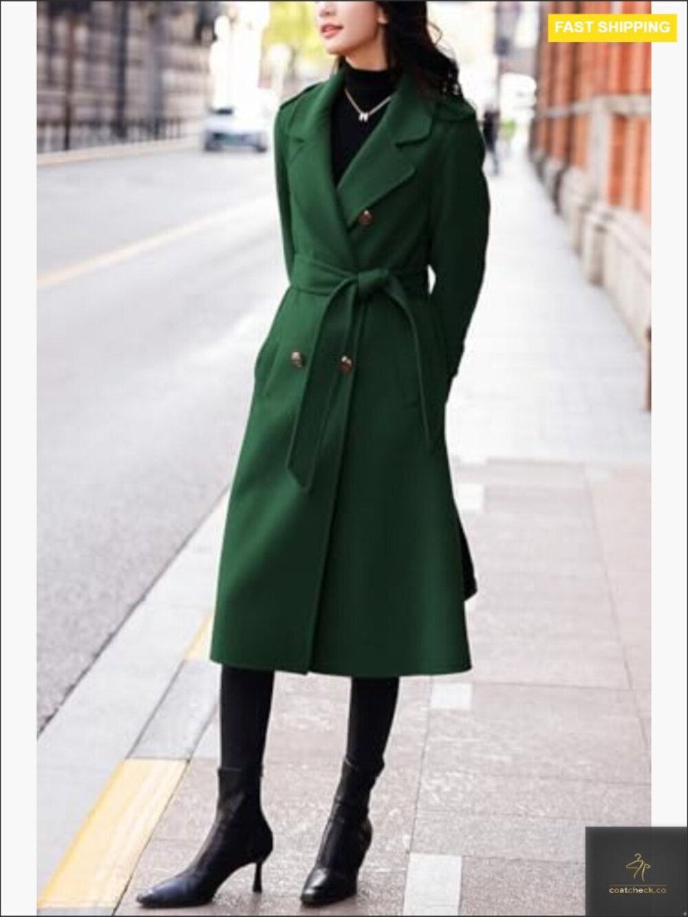 Wool Pea Coat Double Breasted Belted Midi Long Winter Overcoat Classic Chic - Picture 6 of 7